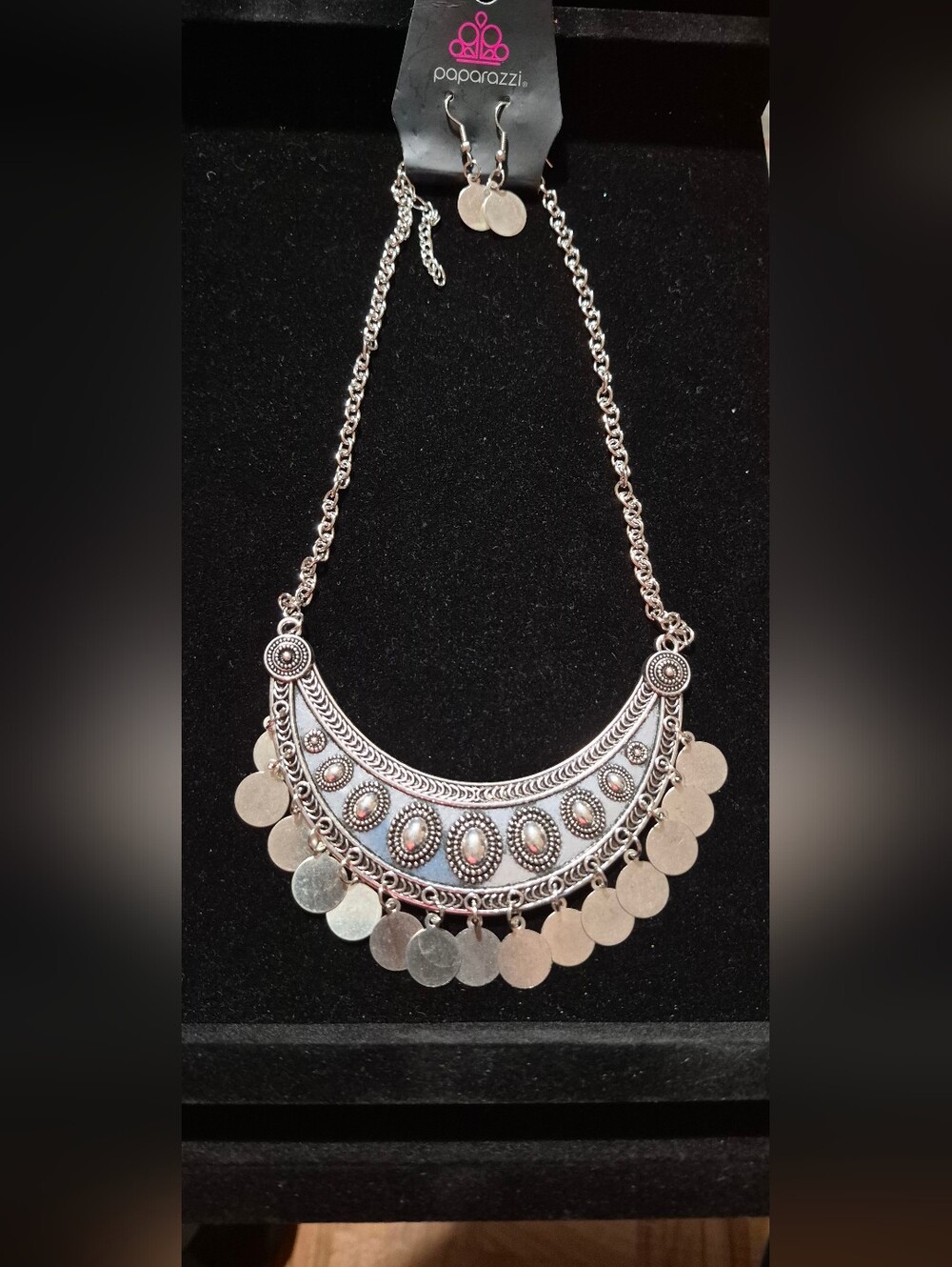 paparazzi Silver Boho Coin Crescent Necklace with Earrings